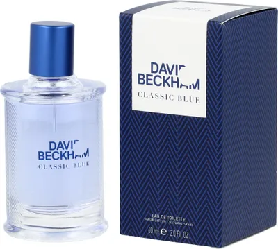 A bottle of David Beckham Classic Blue eau de Toilette and its packaging.