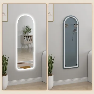 Produktbild von HOMCOM Großer Wandspiegel 120 x 40 cm mit LED-Beleuchtung, rahmenloser Bogenspiegel, bruchsicher, dimmbar und 3 Lichtfarben, für Wohn- und Schlafzimmer, transparent