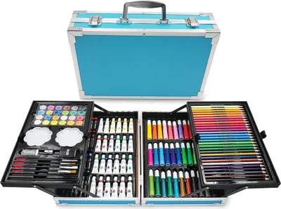 Produktbild von 144-teiliges Deluxe-Malset im Aluminium-Malkoffer, mit Aquarell- und Buntstiften, Farben, Ölpastellen, Mal- und Zeichenbedarf, Geschenk für Künstler