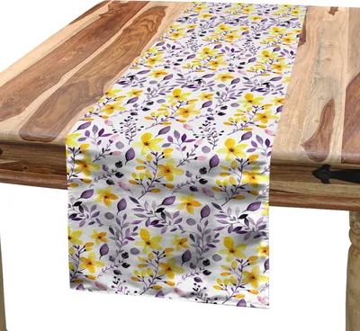 Produktbild von ABAKUHAUS Blumen Tischläufer, Laub von Beetpflanzen in Watercolors Botanical Herbs Sämling, 40 x 180 cm, Ringelblume Violett