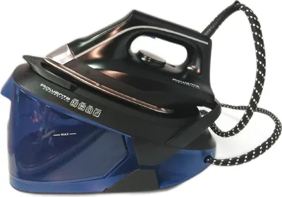 A black and blue steam iron with its water tank base, set against a white background.