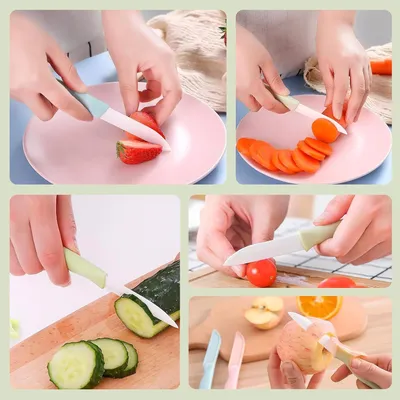 Produktbild von 6-teiliges keramisches Schälmesserset mit 80 mm Klingenlänge, ergonomischem Griff und Messerschutz - ideal für Gemüse und Obst