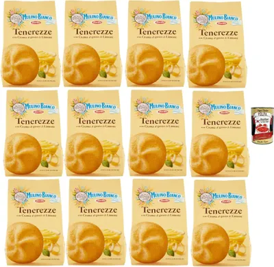 Produktbild von Mulino Bianco Tenerezze Biscotti con Crema al Gusto di Limone, Kekse mit Zitrone geschmack creme, biscuits cookies, 12x 200g + Italian Gourmet polpa 400g