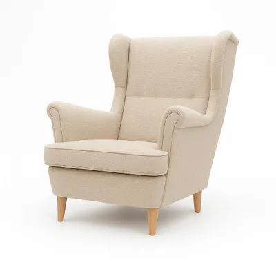 Produktbild von Sofello Ohrensessel BOUCLE beige auf Buche Füssen Glamour Stil Relaxsessel Fernsehsessel Boucle Stoff Gewebe modernes Design