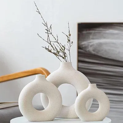 Produktbild von Famanu Vase Set 3 Stück - Weiße Keramische Donut Vasen für Pampasgras