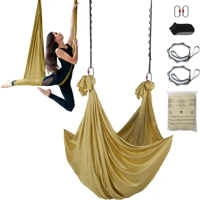 Obrázok produktu pre VEVOR Aerial Yoga Hammock Set 4 x 2,8 m, Golden Aerial Yoga Swing Air Flying, Yoga Swing Hammock Swing 1000 kg Max. Nosnosť, vrátane ponožiek na jogu a oceľovej karabíny, antigravitačné cvičenia
