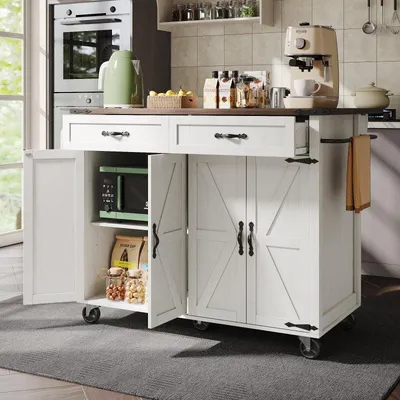 Image de Ilot de cuisine sur roulettes avec plan de travail rabattable - Chariot de cuisine mobile avec 2 tiroirs & armoires, 140x73x93cm, beige & imitation noyer