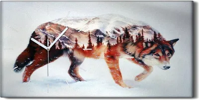 Produktbild von Wandkunst Leinwand Bild Uhr 60x30 Gemälde Abstrakte Tier Wolf Wald Winter Kunst - weiße Hände