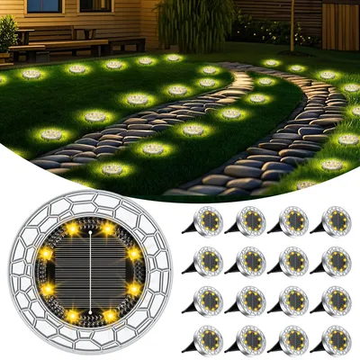 Produktbild von FIFlying 16 Stück Solar Bodenleuchten Aussen 8 LEDS Außenleuchte Solarleuchte für Garten Wasserdicht Gartenleuchte für außen Terrasse Rasen Hof Gehweg, Warmweiß