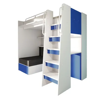 Produktbild von Marlux-Meble Hochbett JSM-7 90x200 TREPPE RECHTS mit Schreibtisch Schränke und Ausklappbares Sofa 70x180 Matt Funktionsbett Etagenbett Stockbett Kinderhochbett Jugendhochbett (Blau Matt)