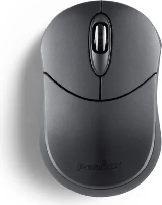 A top-down view of a dark gray computer mouse on a white background.
