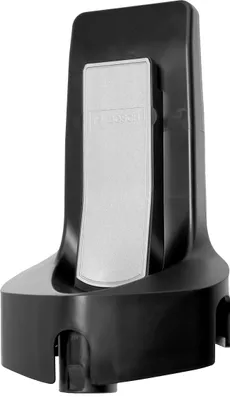 A black and gray vacuum cleaner wall mount is shown against a white background.