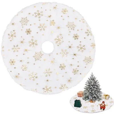Image de Nappe ronde pour sapin de Noël, en peluche, blanche, avec des motifs de flocons de neige, diamètre 38 cm