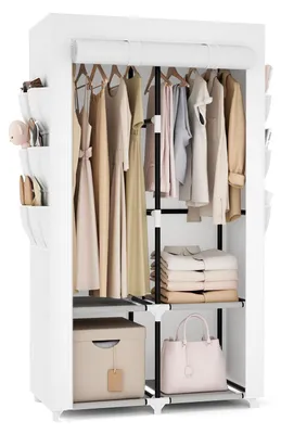 Stoff-Kleiderschrank, 4 Regale, 2 Kleiderstangen, 6 Taschen, weiß