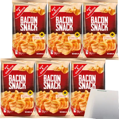 Produktbild von Gut & Günstig Bacon Snack herzhafter Knabberspaß 6er Pack (6x130g Packung) + usy Block