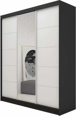 Produktbild von AGMAT Schwebetürenschrank Kira, Kleiderschrank mit 3 Türen und Spiegel und 2 Schubladen, Moderne Garderobe in Farbe: Schwarz / Weiß, Schrank in Größe: 180 x 216 x 61 cm