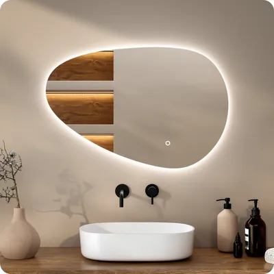 Produktbild von Mirlux Badspiegel mit LED-Beleuchtung - Asymmetrisch - Organisch - Anti-Kondensations-Duschspiegel - 90x60CM