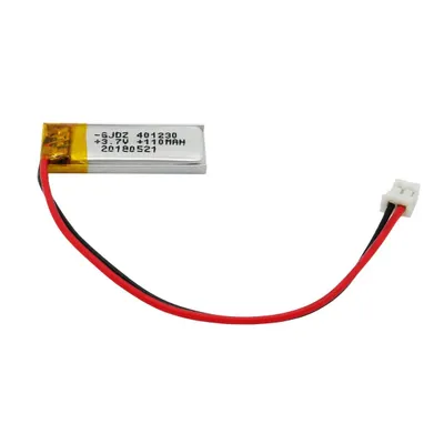 A small lithium-polymer battery with a connector and wires, isolated on a white background.