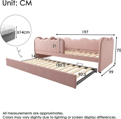 Obrázek produktu pro Denní postel 90 x 190 cm s výsuvnou postelí, roštem, samet, růžová
