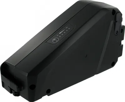 A black electric bicycle battery pack is shown from a diagonal angle against a white background.
