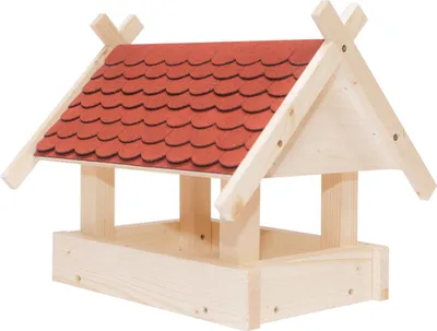 Produktbild von Handgefertigter Vogelhaus Bausatz aus Fichtenholz, rot, mit klassischem Satteldach, 32x29,5x28 cm, inkl. Bauanleitung