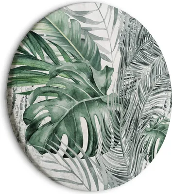 Produktbild von Italienischer Leinwand Rundes Bild - Exotic flora - A variety of tropical vegetation in shades of celadon and sage green/Dense jungle 80x80 cm Blätter b-C-10379-bc-a