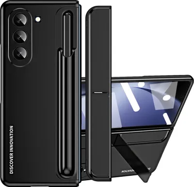 A black phone case with a built-in pen holder and stand is shown from multiple angles.