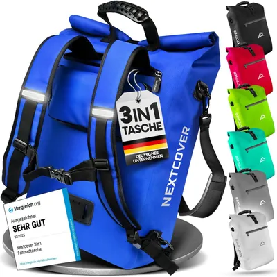 A blue waterproof bicycle bag is shown with various other colored bags displayed on the right side. A review card is also visible on the left.