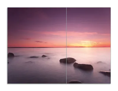 Produktbild von Wallario Herdabdeckplatte aus Glas, Größe 70 x 52 cm 2-teilig, Motiv Nebel am See bei Sonnenuntergang
