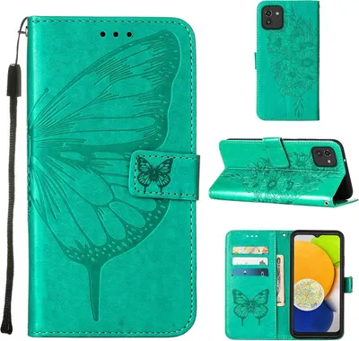 Produktbild von Galaxy A03 Hülle, Schmetterling Prägung Flip Leder Kartenfächer Schutzhülle Ledertasche mit Ständer für Samsung Galaxy A03 Grün