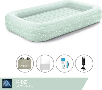 Obrázok produktu pre Nafukovacia posteľ Intex Kidz - pre 1 osobu - 107x168x25 cm (ŠxDxV) - mätovo zelená - s ručnou pumpou + priliehavé biele prestieradlo + opravná súprava