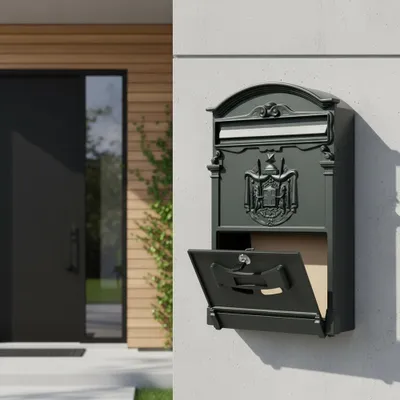 A mailbox mounted on a wall next to a house entrance.