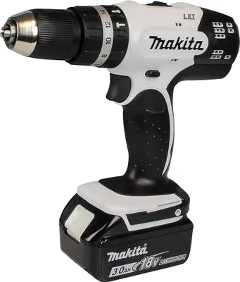 A white and black Makita cordless drill with a black battery pack attached, shown against a white background.