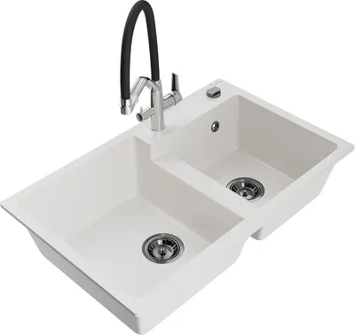 Produktbild von Mexen Tomas 2-Becken-Granitspüle mit Mischbatterie Duo, Weiß - 6516-20-671701-07-B
