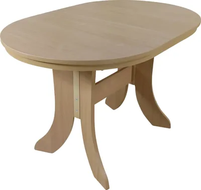 A light wood oval dining table with curved legs, shown against a white background.