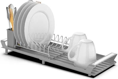 Image de Unyqoos® Étagère égouttoir amovible – Égouttoir à vaisselle en acier inoxydable et en PP avec support à couverts, pour jusqu'à 8 assiettes, de couleur grise, dimensions 28–47 cm