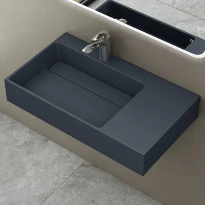 Produktbild von doporro Colossum12 Waschbecken, Mineralguss, Anthrazit, 75x48x13 cm, mit verstecktem Ablauf, Aufsatz- und Hängewaschbecken, Standard DIN-Anschlüsse, col12-L