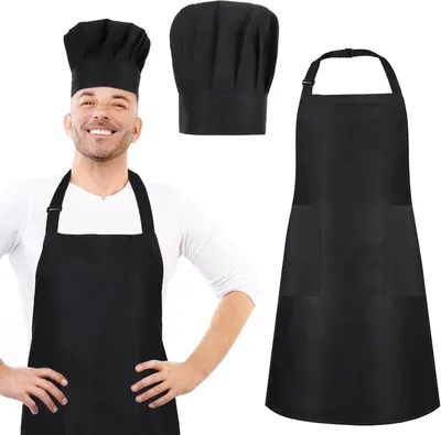 Produktbild von Set aus Kochmütze und Schürze, verstellbare hohe Schürze | Wasserdichte Küchenschürze mit 2 Taschen und elastischer Mütze für Männer und Frauen in der heimischen Küche (Schwarz)