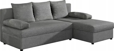 A grey sectional sofa with multiple cushions is shown against a white background.