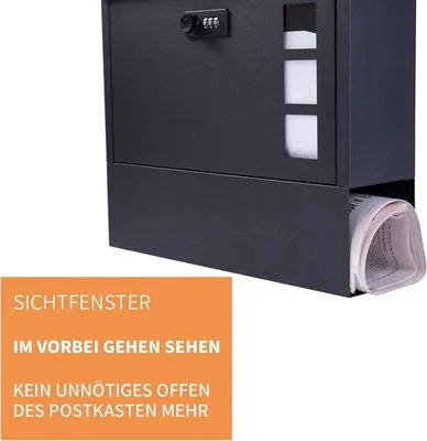 Produktbild von Famanu Wandbriefkasten mit Zahlenkombinationsschloss - Schwarz mit Zeitungsfach
