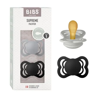 Produktbild von BIBS Supreme Schnuller 2er-Pack, BPA-frei, Symmetrischer Nippel. Naturkautschuk / Latex, Hergestellt in Dänemark. Größe 1 (0-6 Monate), Cloud / Black