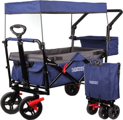 A blue foldable wagon with a canopy and a smaller folded wagon next to it.