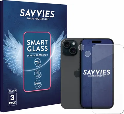 Produktbild von 3x Savvies Schutzglas Folie für Apple iPhone 15 (Display+Kamera) 9H Panzer Schutzfolie Glas Displayschutz klar transparent