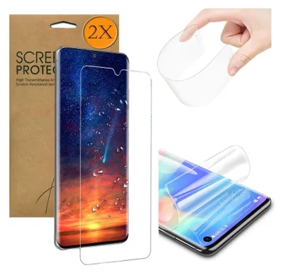 A collage of images showing a smartphone screen protector, its packaging, and a hand holding the protector.