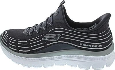 Side view of a black Skechers slip-in shoe.