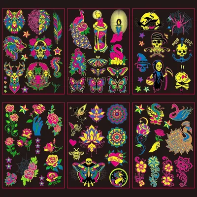 Immagine prodotto di Tatuaggi temporanei neon, confezione da 6 fogli con oltre 60 disegni, effetto UV, ideali per feste e festival