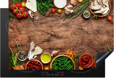 Produktbild von KitchenYeah© Herdabdeckplatte Kräuter - Gemüse - Rustikal , 77x51cm, Küche Deko, Glaskeramikkochfeld Herdabdeckung, Abdeckplatte fùr Kochfeld