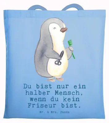 Produktbild von Mr. & Mrs. Panda Jutebeutel Friseur Herz - Sky Blue - Geschenk, Tasche, Beruf, Tote Bag, Lustig, Spruch, Barbier, totebag, Frisör, Stoffbeutel, Laptoptasche, Schultasche