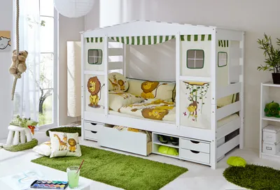 Produktbild von Hausbett Hochbett Spielbett Massivholz Kiefer Weiss Safari, Bettkasten:Marlies