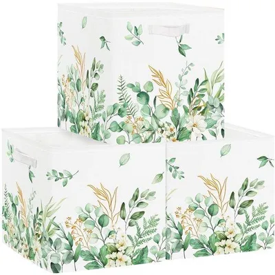 Immagine prodotto di Ibenzoa® Set di 3 cesti pieghevoli per scaffali Kallax (30x30x30 cm) – Motivo eucalipto, oro/bianco, rivestiti in PE con struttura in metallo
